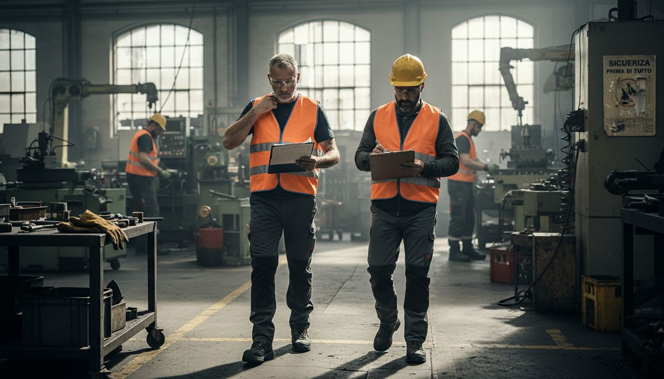 Responsabili della sicurezza impegnati nell’analisi dei rischi nei luoghi di lavoro industriali