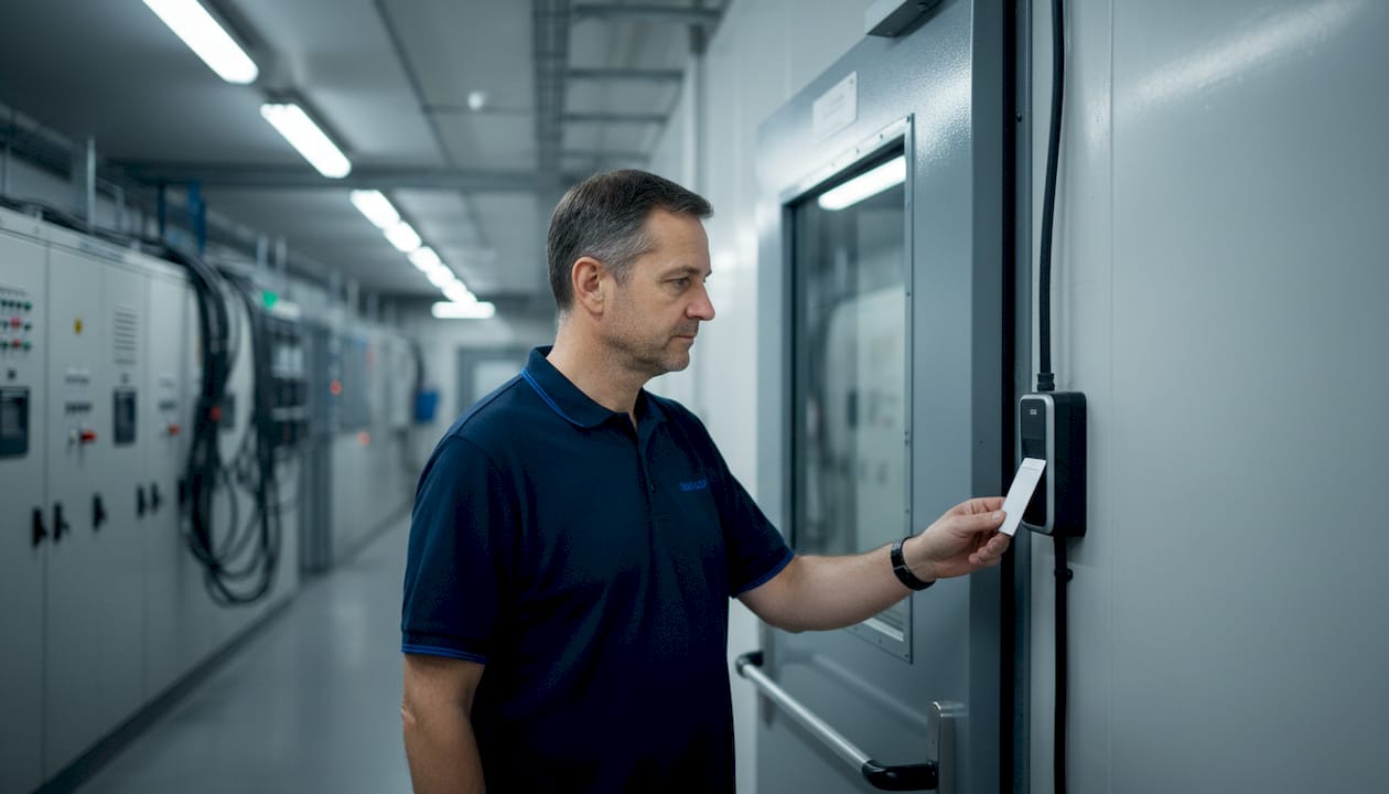 Un tecnico effettua l’accesso in fabbrica utilizzando il badge RFID.