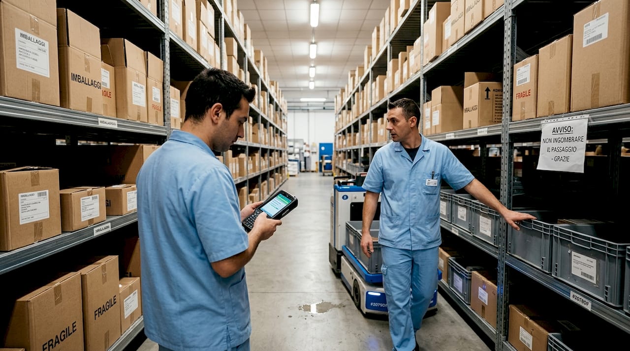 Operatori di magazzino e robot al lavoro tra gli scaffali del centro di distribuzione