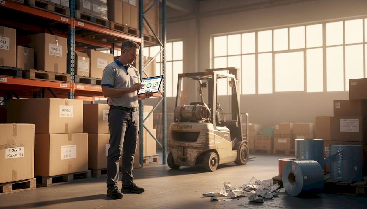 Il responsabile del magazzino controlla i dati sul tablet mentre si muove tra gli scaffali.
