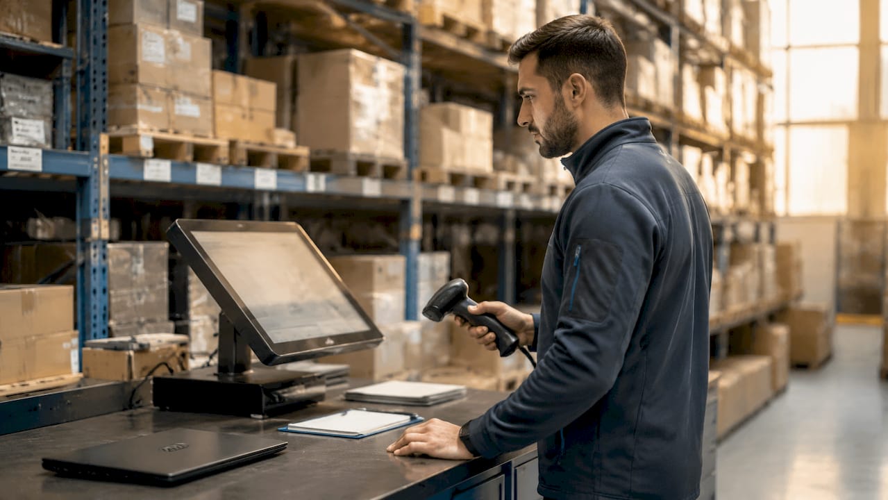 Il responsabile di magazzino controlla la merce con uno scanner digitale