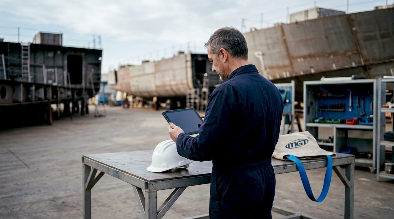 Tecnico navale al lavoro in cantiere, tablet alla mano e attrezzi pronti per l’uso