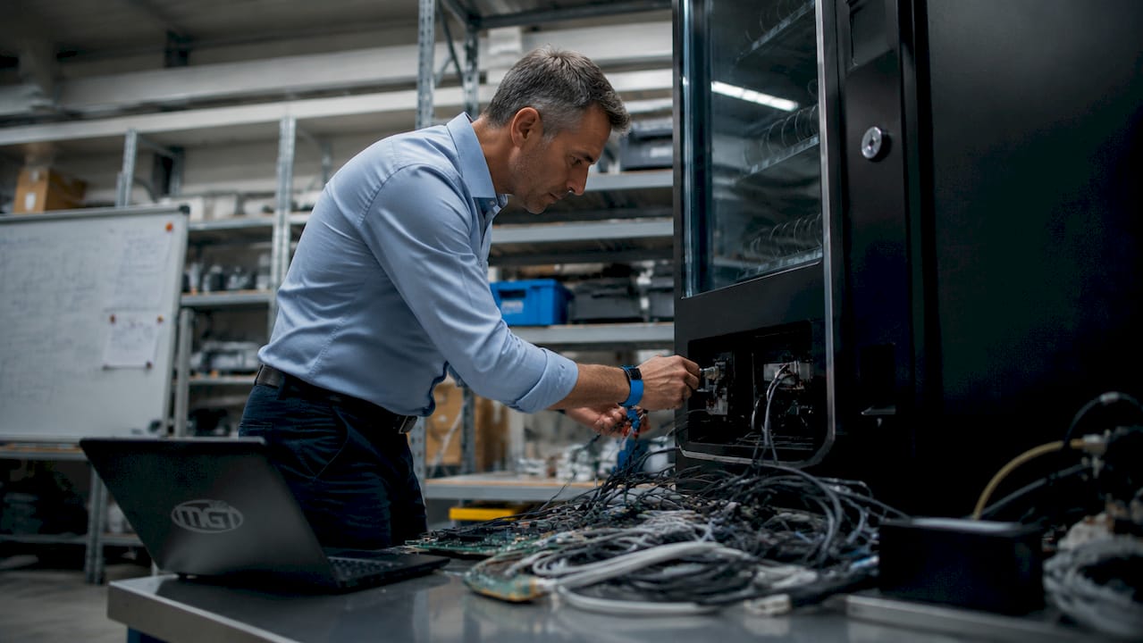 Un tecnico specializzato integra il distributore automatico nei sistemi digitali dell’Industria 4.0, rendendolo parte di una rete intelligente e connessa.
