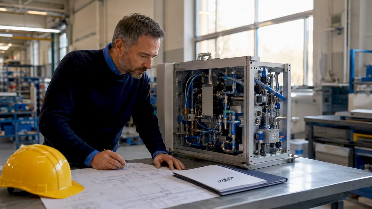 Un ingegnere controlla un modulo industriale sulla linea di produzione.