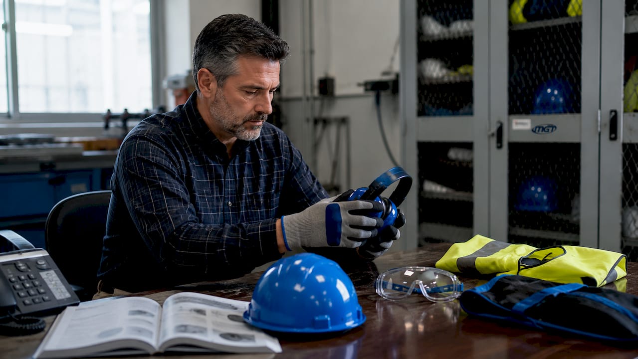 Il responsabile della sicurezza effettua un controllo sui dispositivi di protezione individuale all’interno dell’ufficio tecnico-industriale.