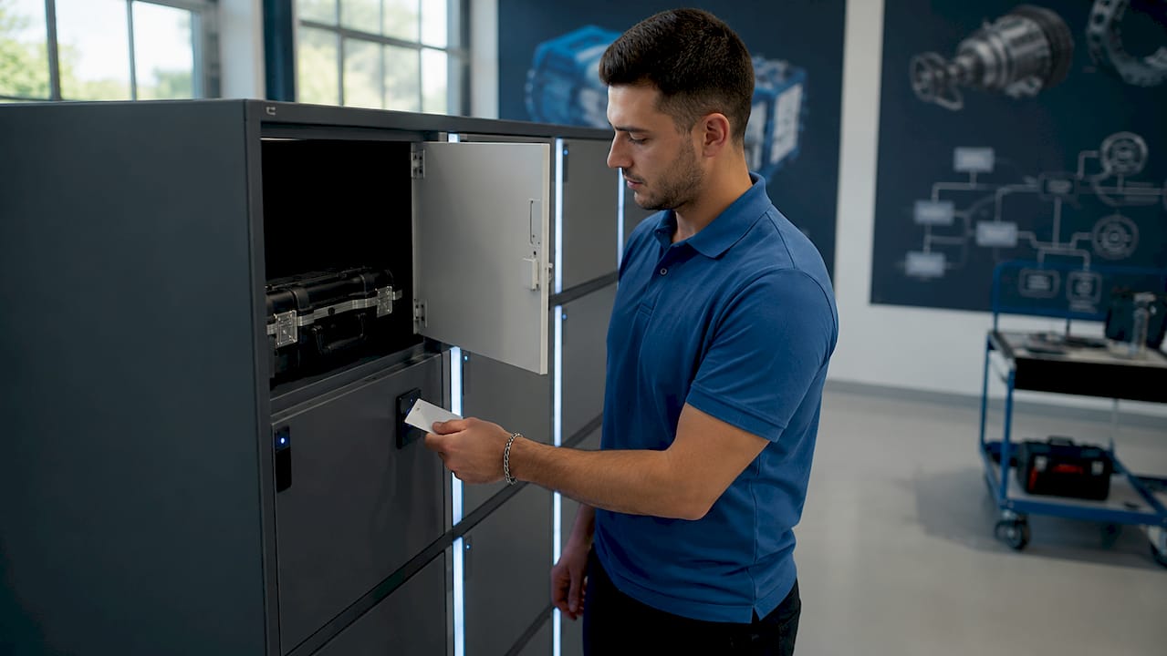 Un tecnico accede al moderno armadietto intelligente dell’azienda per svolgere le sue attività.