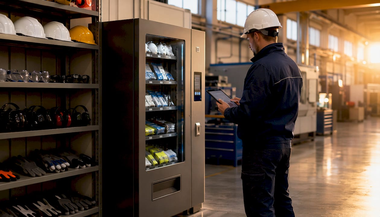 Tecnico aziendale che si rifornisce di DPI dal distributore automatico