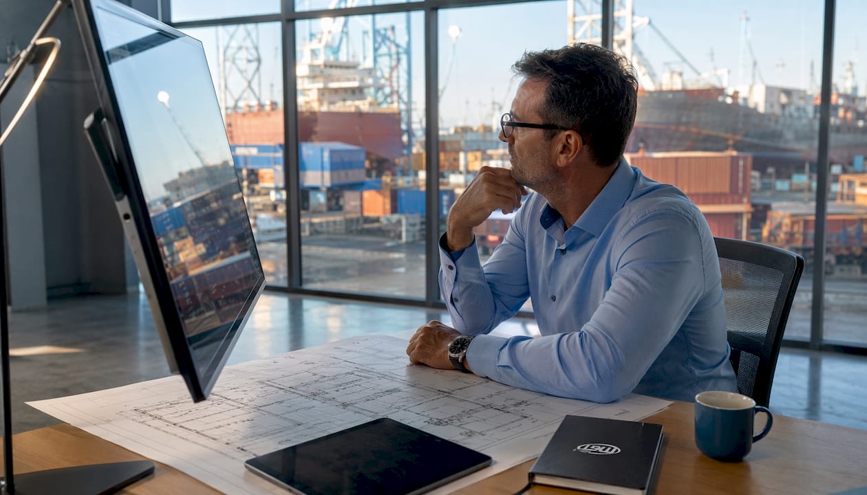 Un responsabile supervisiona le operazioni nel magazzino del cantiere navale attraverso un pannello di controllo digitale.