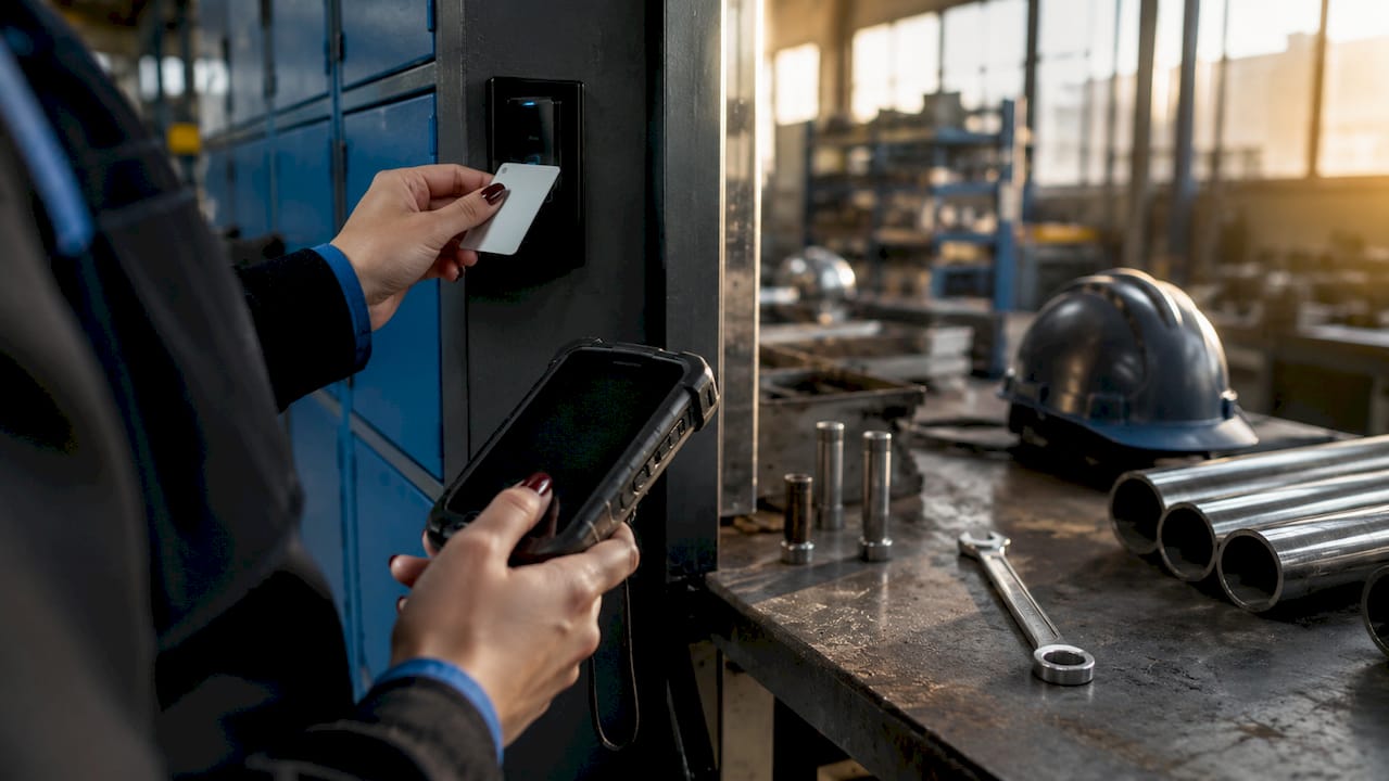 Mani che utilizzano la tecnologia RFID per aprire un armadietto intelligente in magazzino