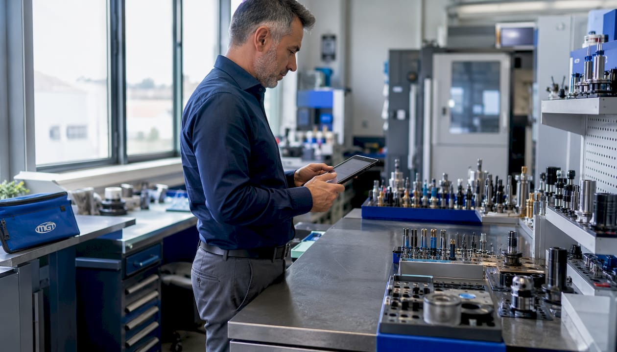 In officina, il tecnico si affida al tablet per organizzare e tenere sotto controllo tutti gli utensili di lavoro.