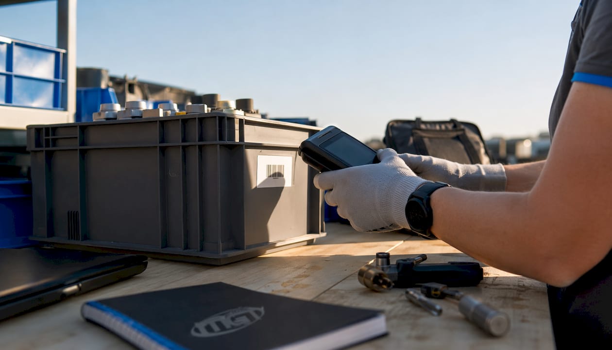 Le mani degli operatori passano i lettori RFID sui componenti industriali per verificarne l’identificazione.