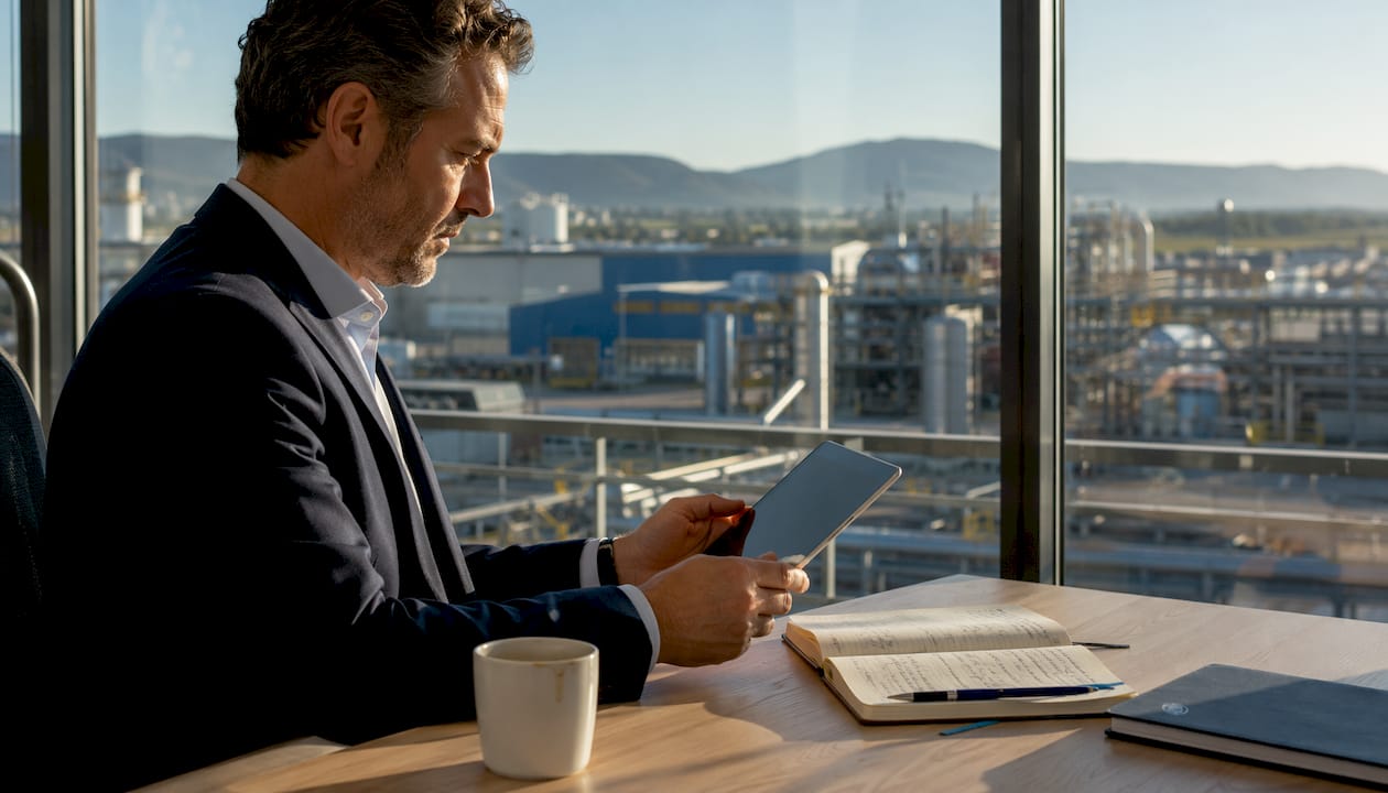 Il responsabile di produzione controlla i processi attraverso il tablet nella sala operativa.