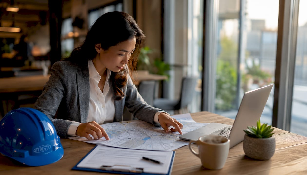 Professionista al femminile durante una riunione dedicata alla valutazione dei rischi e all’analisi dei dispositivi di protezione individuale (DPI).