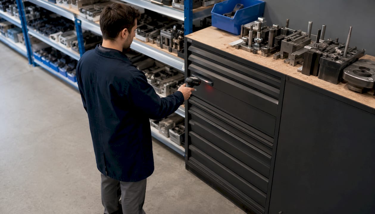 Un tecnico utilizza uno scanner per tracciare gli utensili e garantirne la corretta gestione.