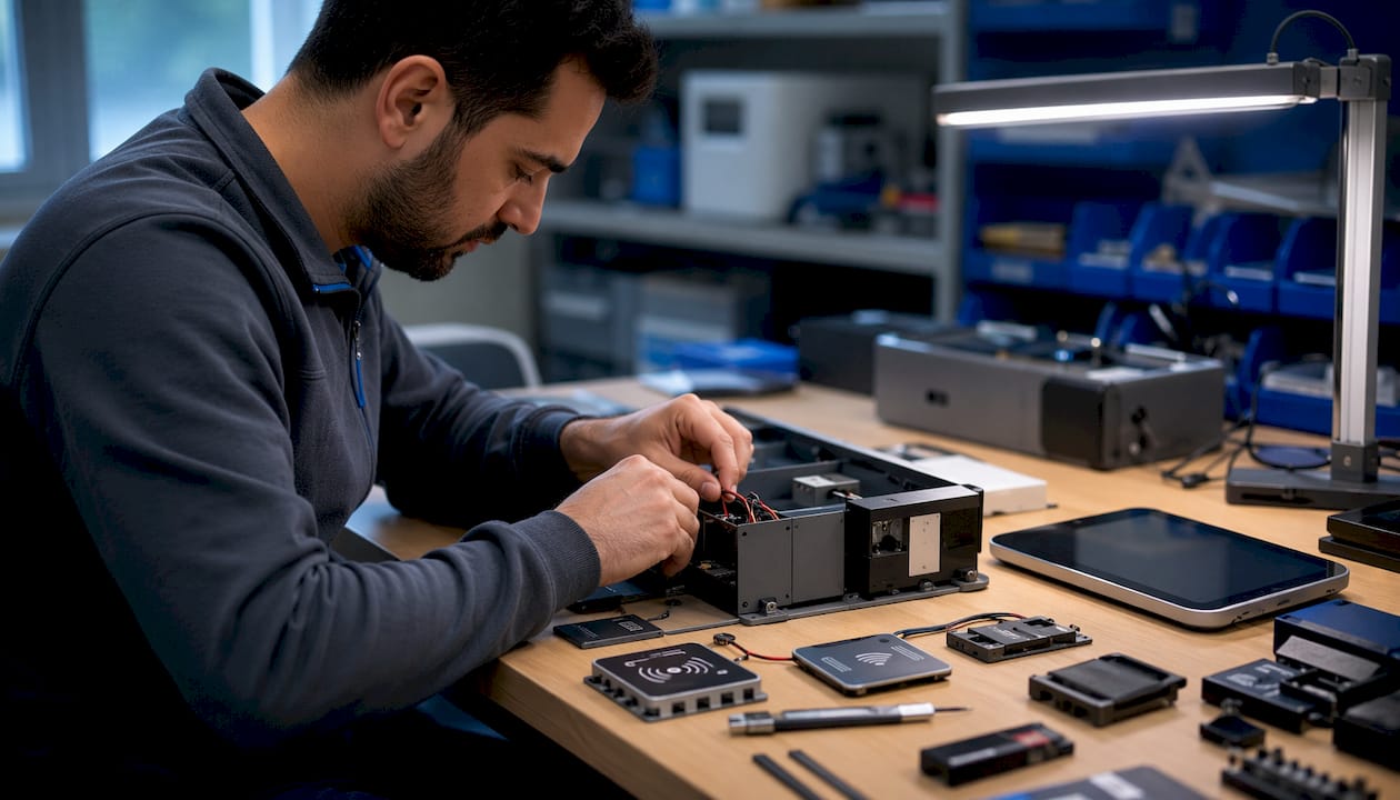 Le mani esperte di un tecnico stanno assemblando i componenti di un armadietto.