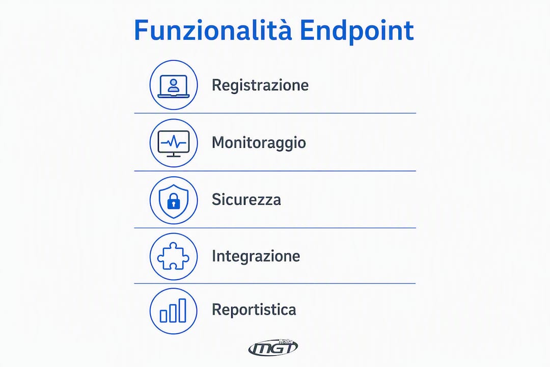 Infografica sulle principali funzionalità del software per la gestione degli endpoint e dei dispositivi di protezione individuale (DPI)