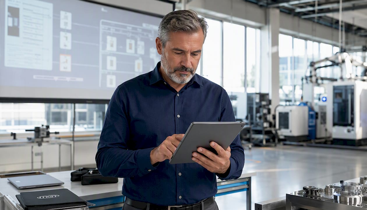 Un tecnico controlla i dati su un tablet all’interno di un magazzino industriale.