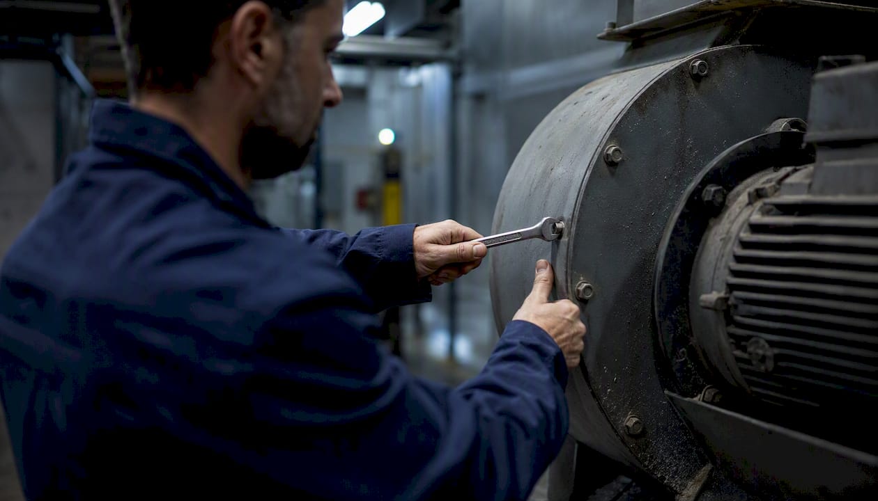 Un tecnico interviene manualmente per la manutenzione di un ventilatore industriale.