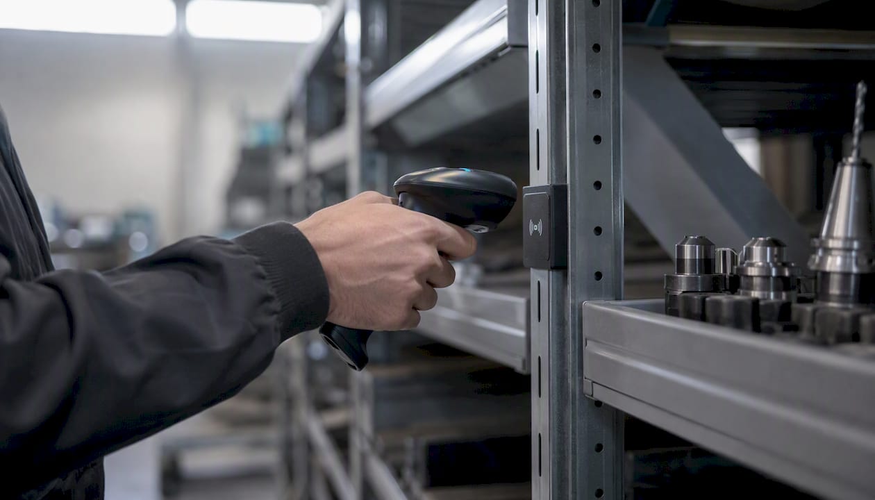 Una mano passa il tag RFID sugli attrezzi riposti sullo scaffale in officina.