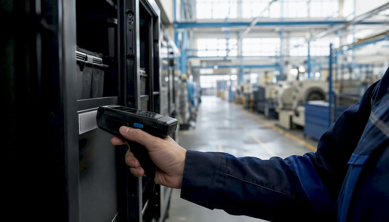 Un operaio controlla il tag identificativo di un armadietto per materiali industriali utilizzando uno scanner.