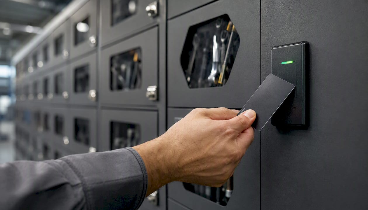 Una mano avvicina il badge al pannello di controllo dello smart locker per accedere al servizio.