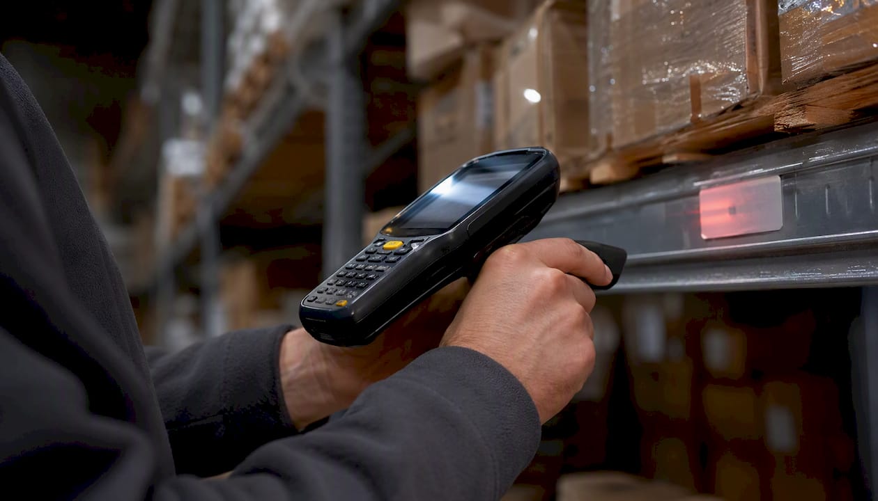Tecnico che controlla l’inventario utilizzando un dispositivo portatile