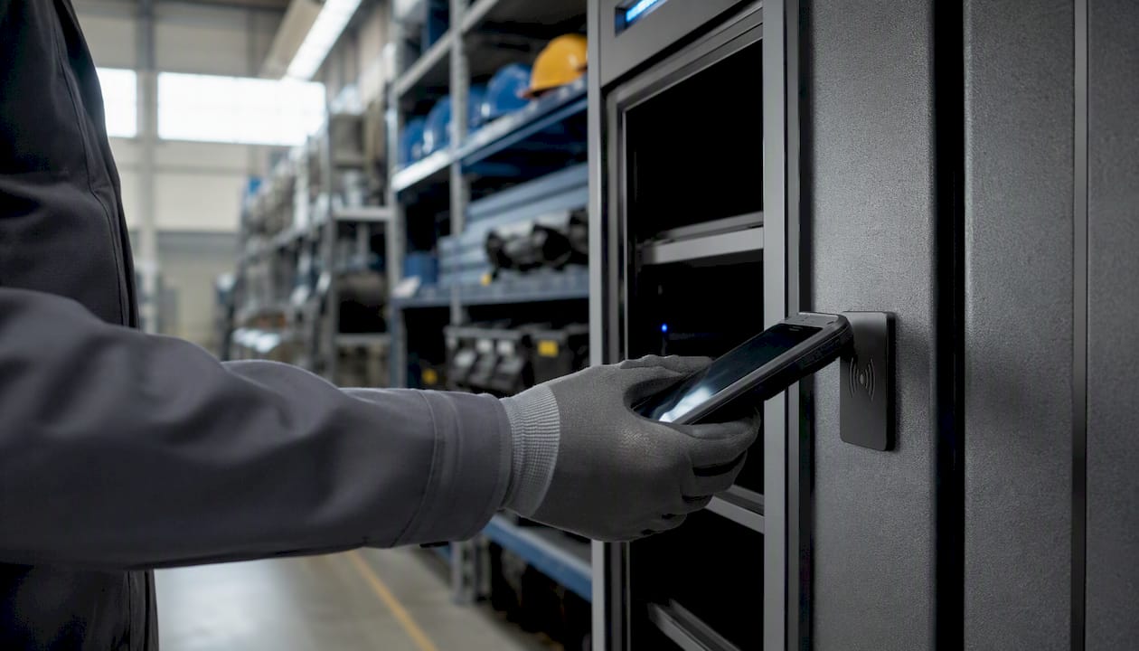 Mani che avvicinano un badge RFID a un armadietto intelligente in magazzino per effettuare lo sblocco.