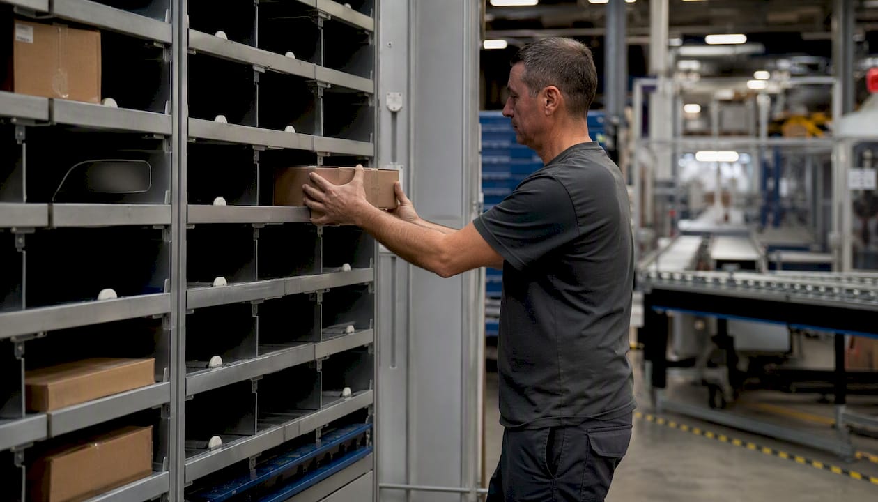 Magazzino industriale innovativo con soluzioni di stoccaggio sia manuali che automatizzate.