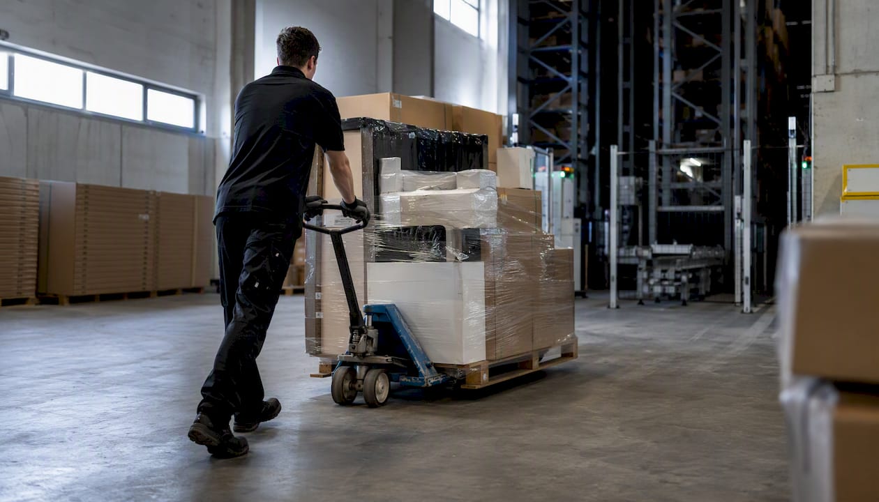 Un tecnico sta spostando un bancale pesante all’interno del magazzino.