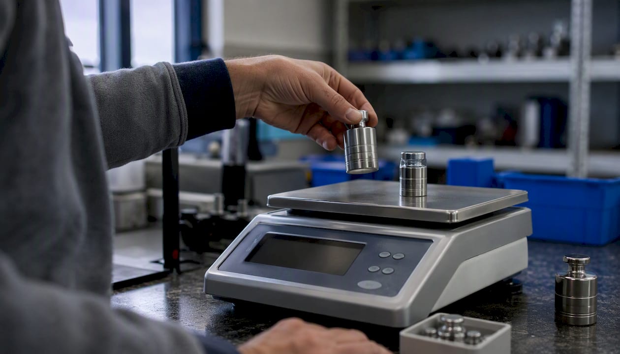 Mani che controllano la bilancia per verificarne la precisione