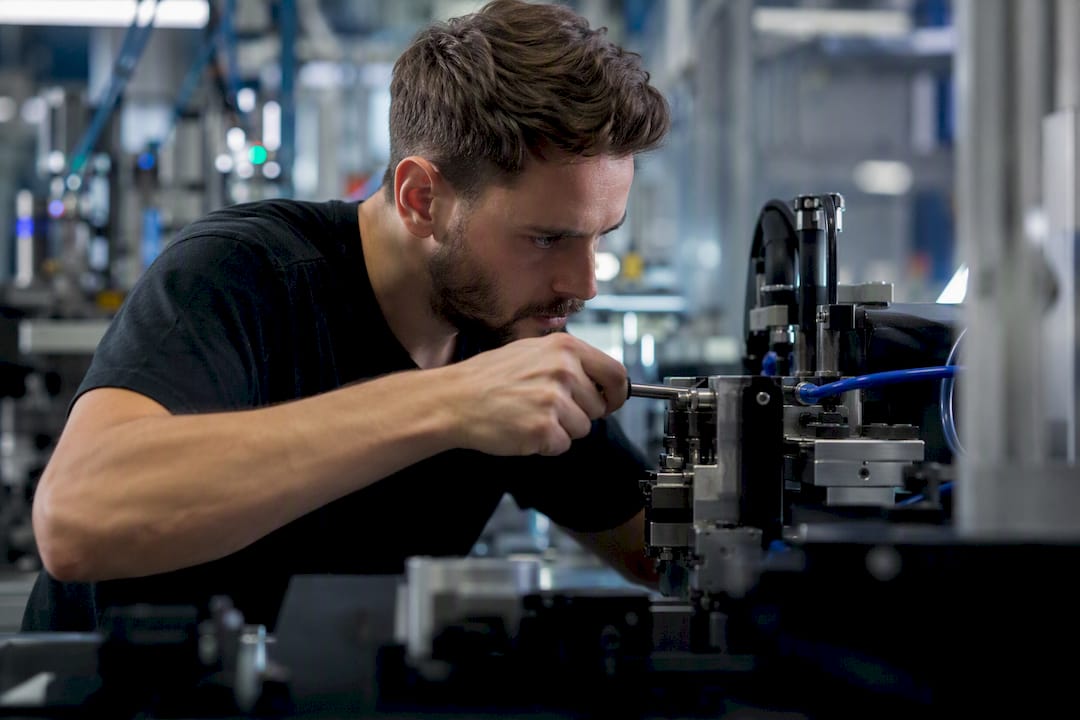 Operaio al lavoro sulla manutenzione degli attrezzi per evitare fermi macchina