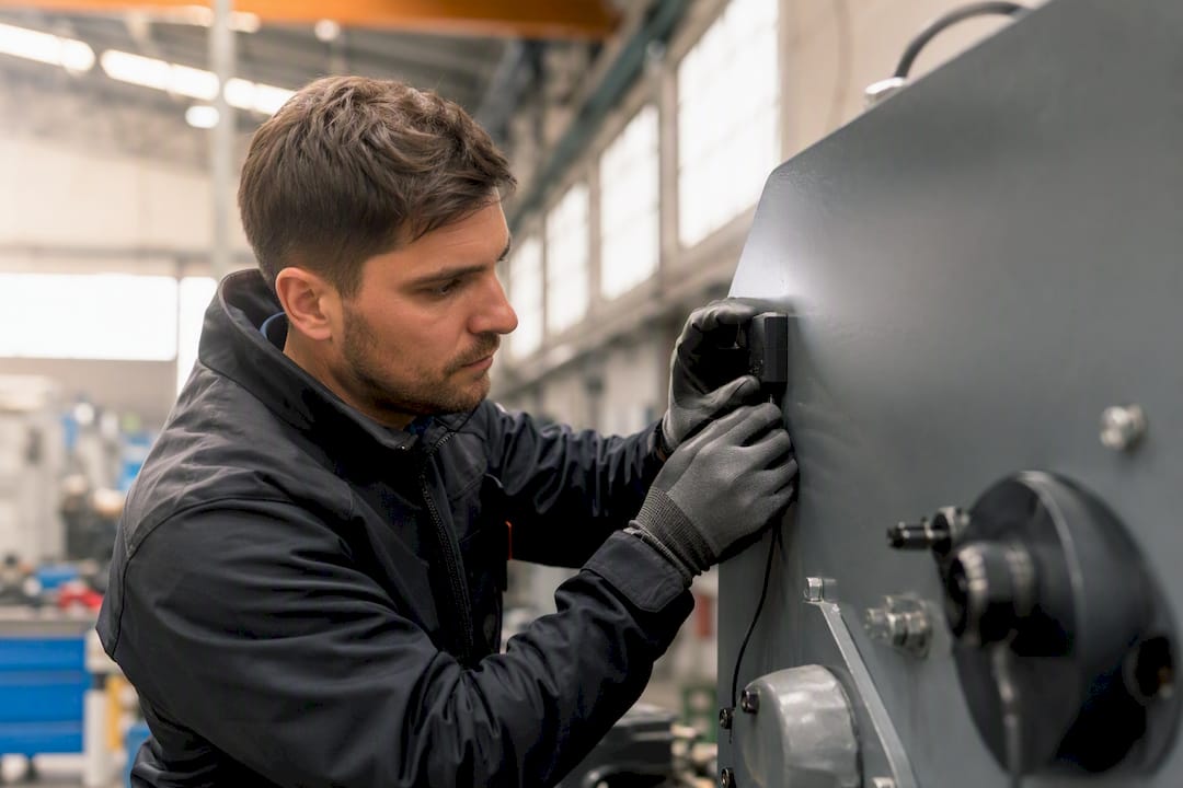 Tecnici al lavoro mentre installano un sensore su un macchinario per la manutenzione predittiva.