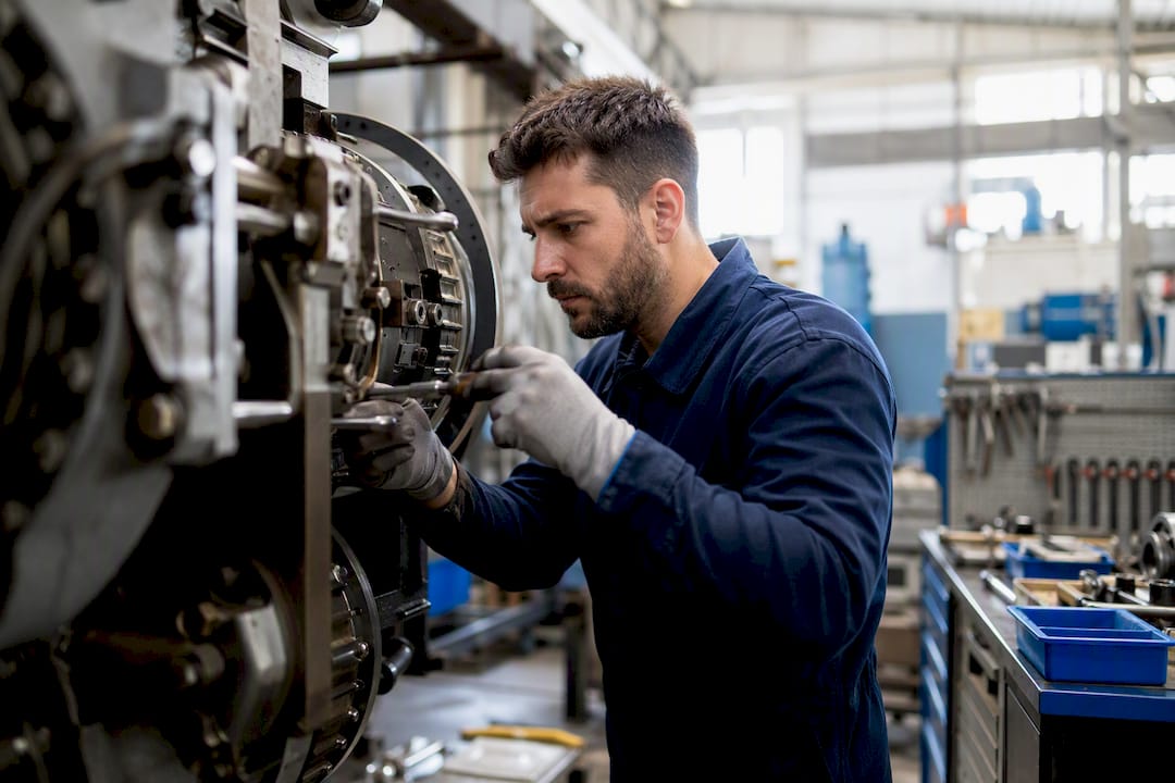 Un tecnico esamina un componente della macchina all’interno dello stabilimento.