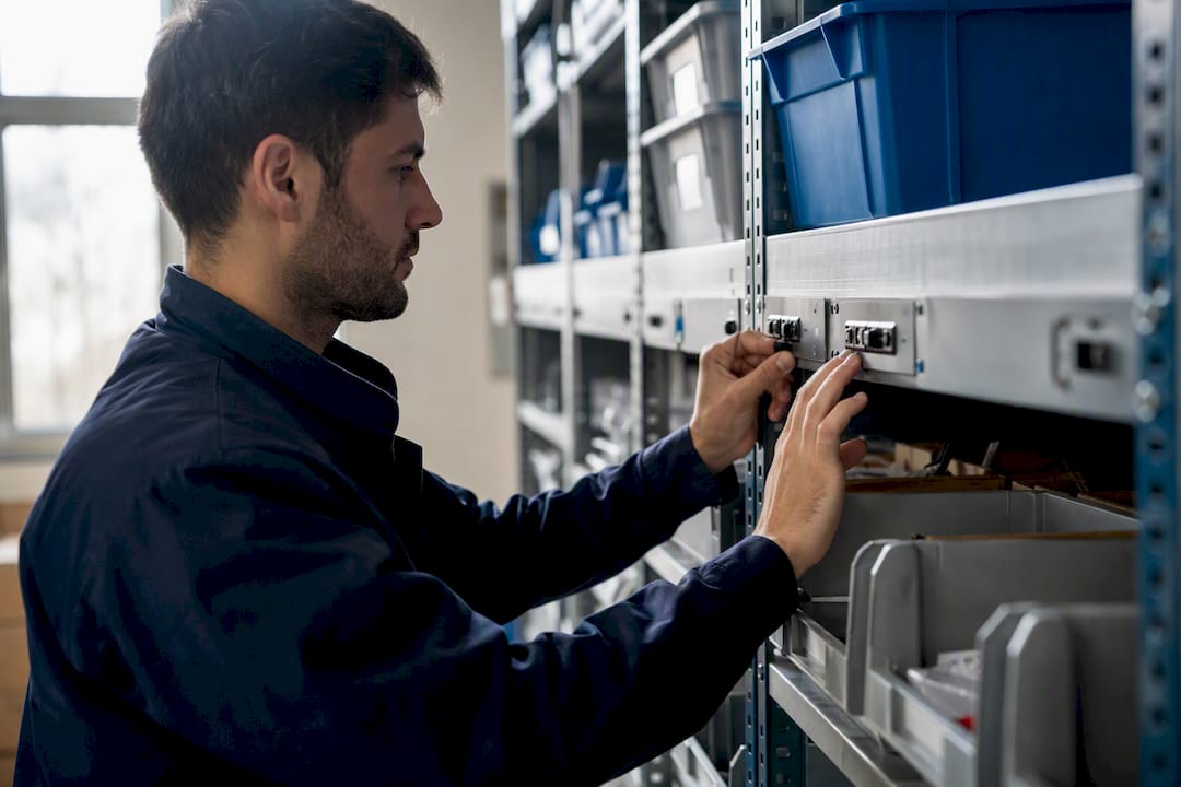Mani che sistemano le etichette dell'inventario in magazzino