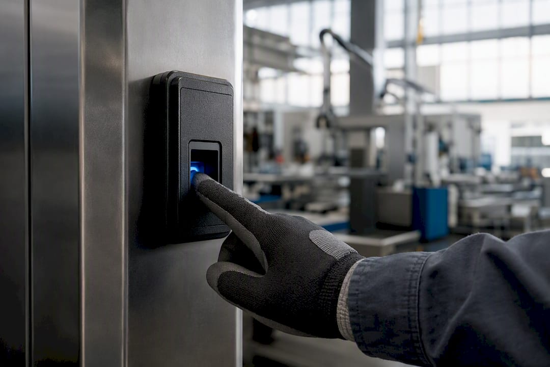 Mano guantata che registra un'impronta digitale sul lettore