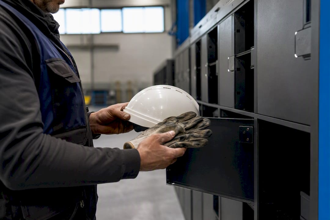 Mani che controllano casco di sicurezza e guanti vicino a un armadietto industriale