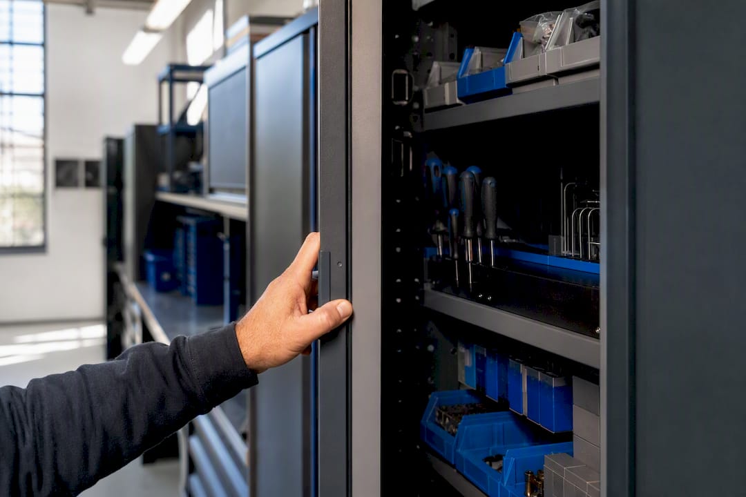 Mani che aprono un cassetto dell'armadietto con attrezzi e materiali di consumo