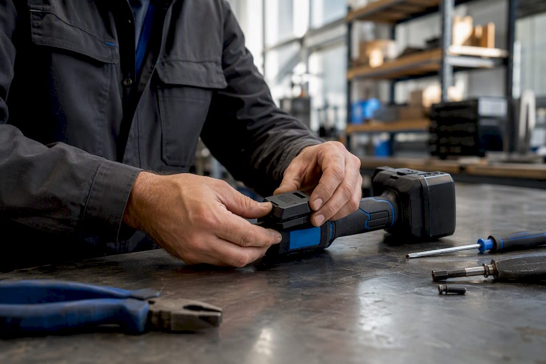 Tecnico che applica un'etichetta di tracciamento alla batteria di un utensile elettrico
