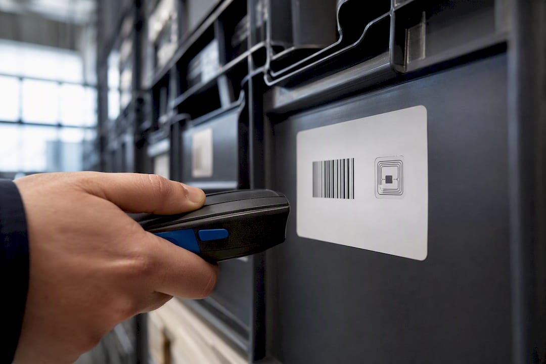 Etichette RFID e codici a barre per contenitori industriali