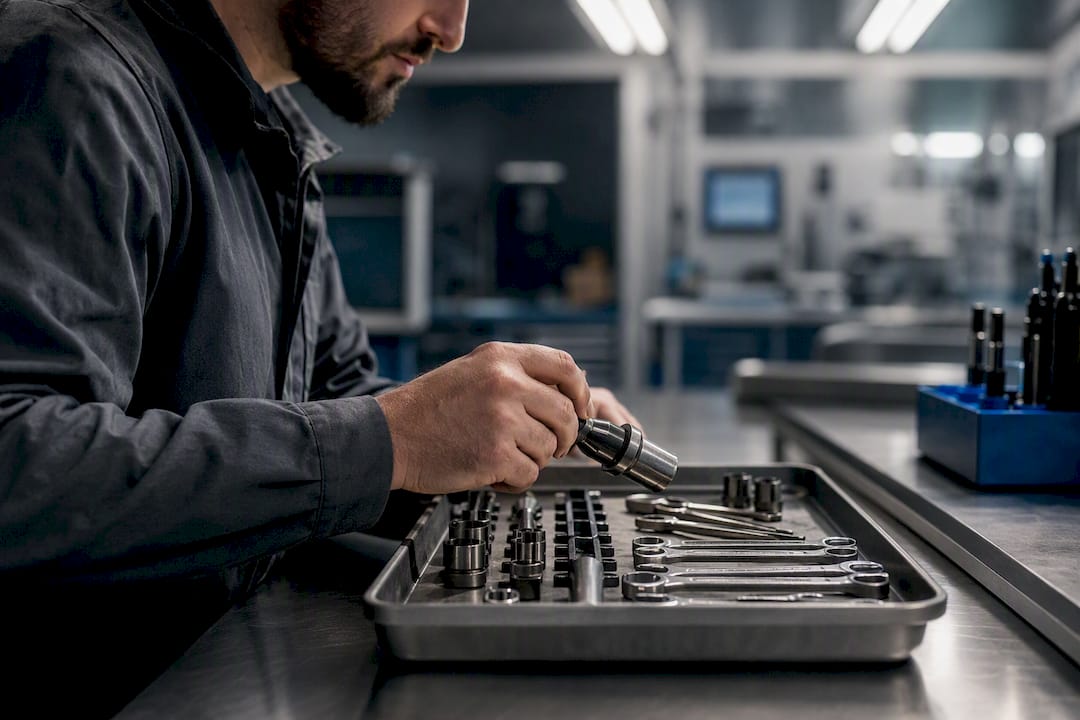 Tecnico che controlla utensili in una officina di riparazione