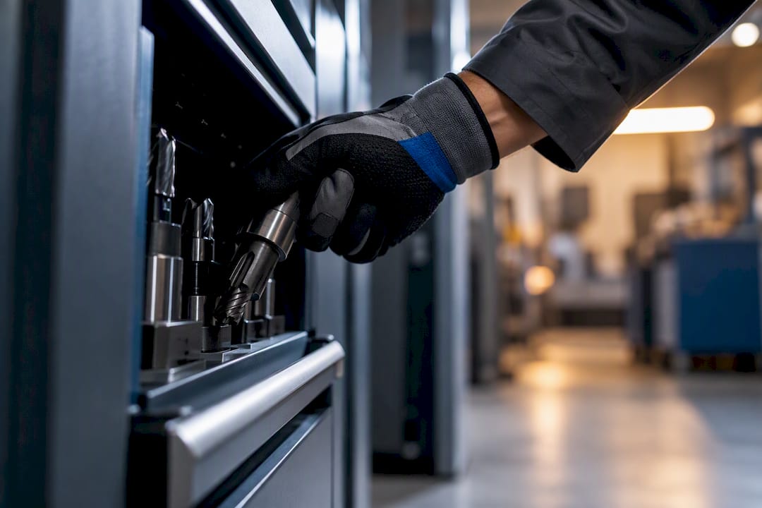 Mano che prende un utensile da un armadietto industriale