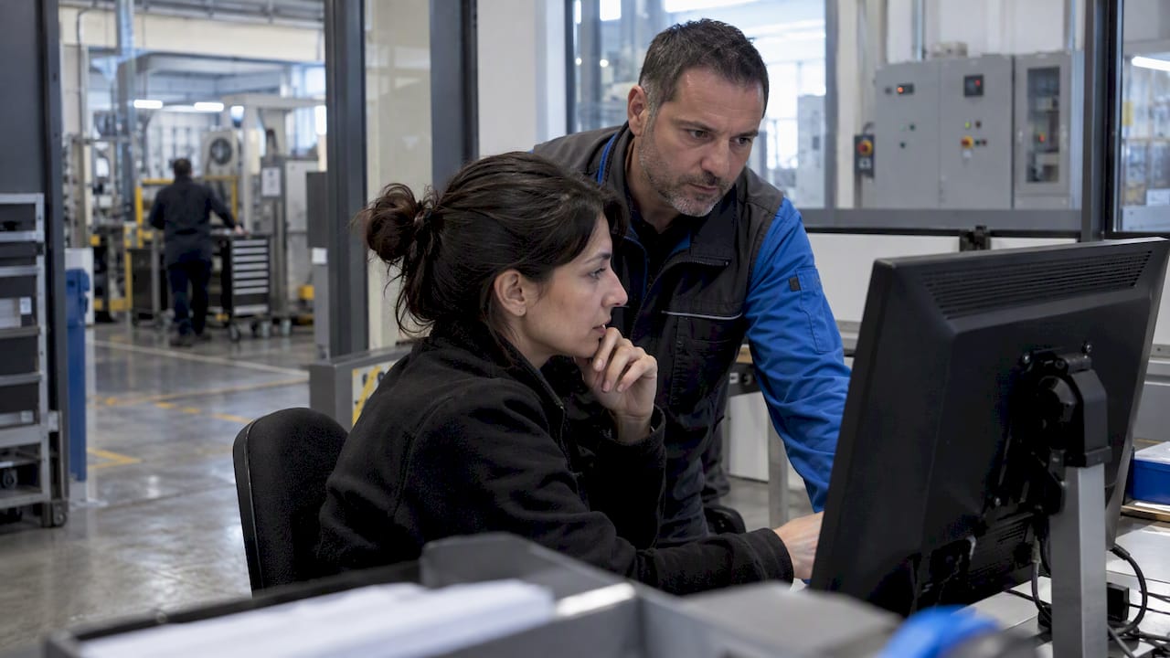I responsabili esaminano i dati industriali nella sala di controllo