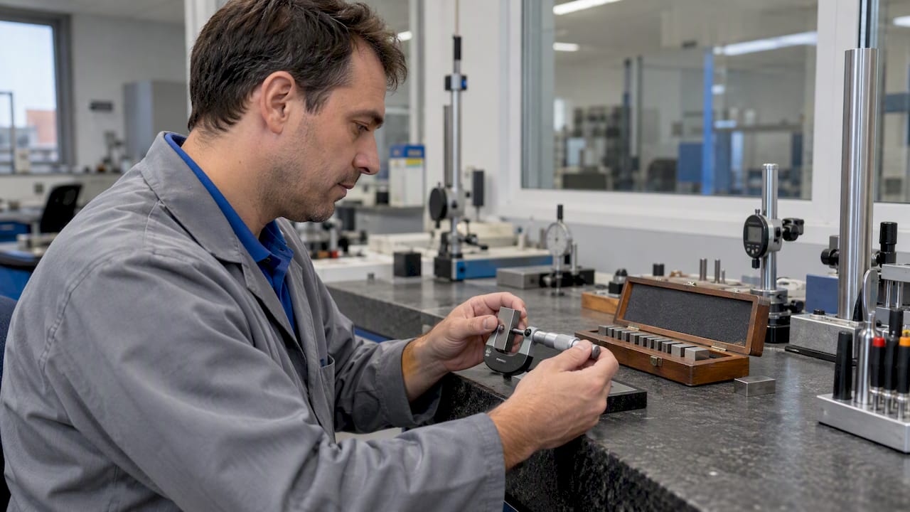 Tecnico che controlla un micrometro in un laboratorio metrologico