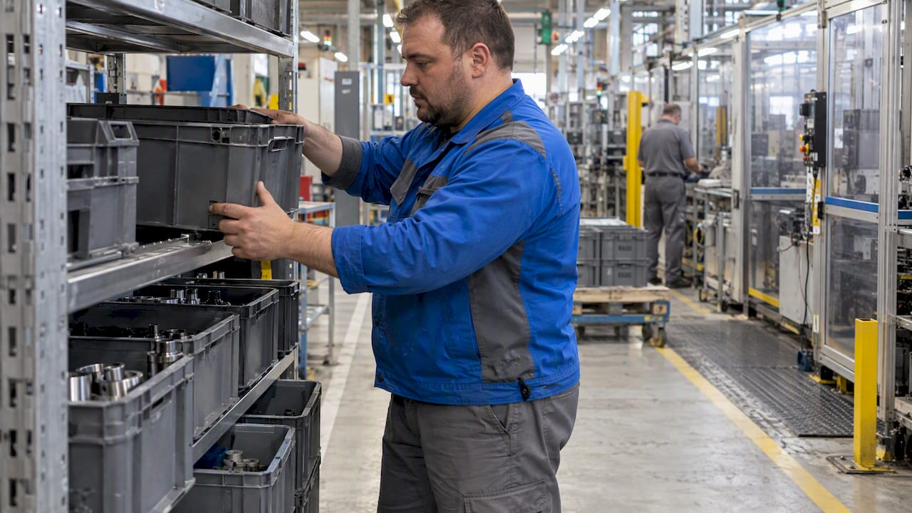 Operatore che rifornisce i contenitori lungo la linea di produzione