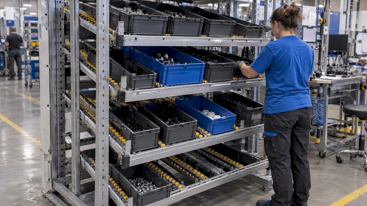 I contenitori scivolano lungo i ripiani inclinati del flow rack