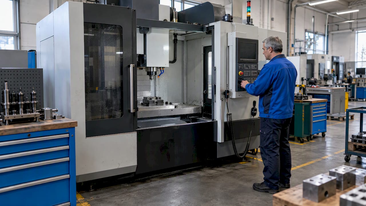 Tecnico che ispeziona un centro di lavoro CNC