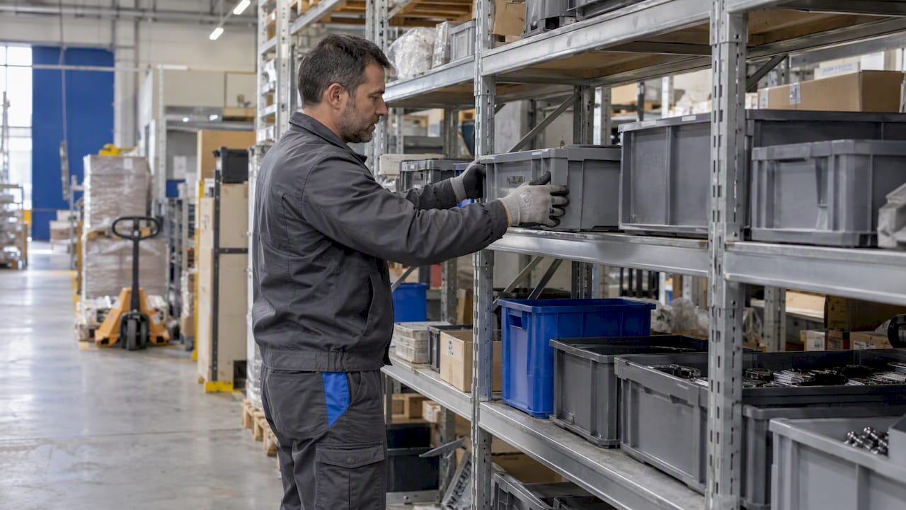 Tecnico che adatta gli scaffali modulari ai flussi