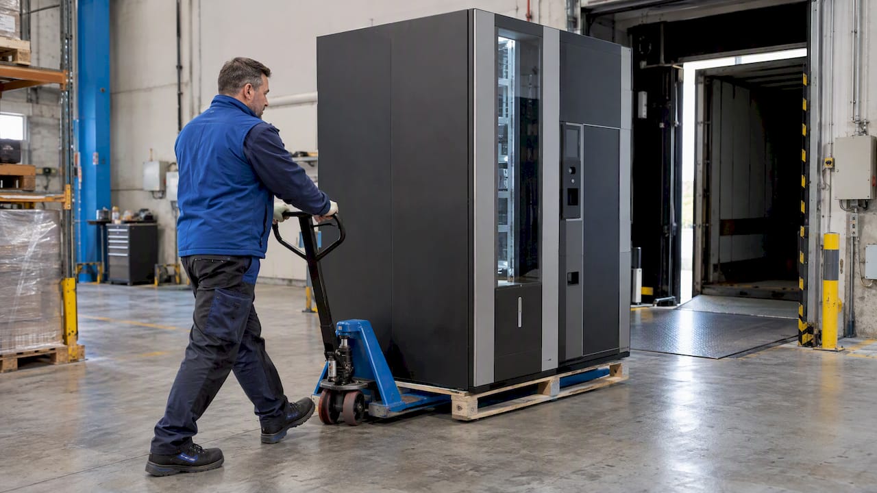 Tecnico che installa un distributore industriale